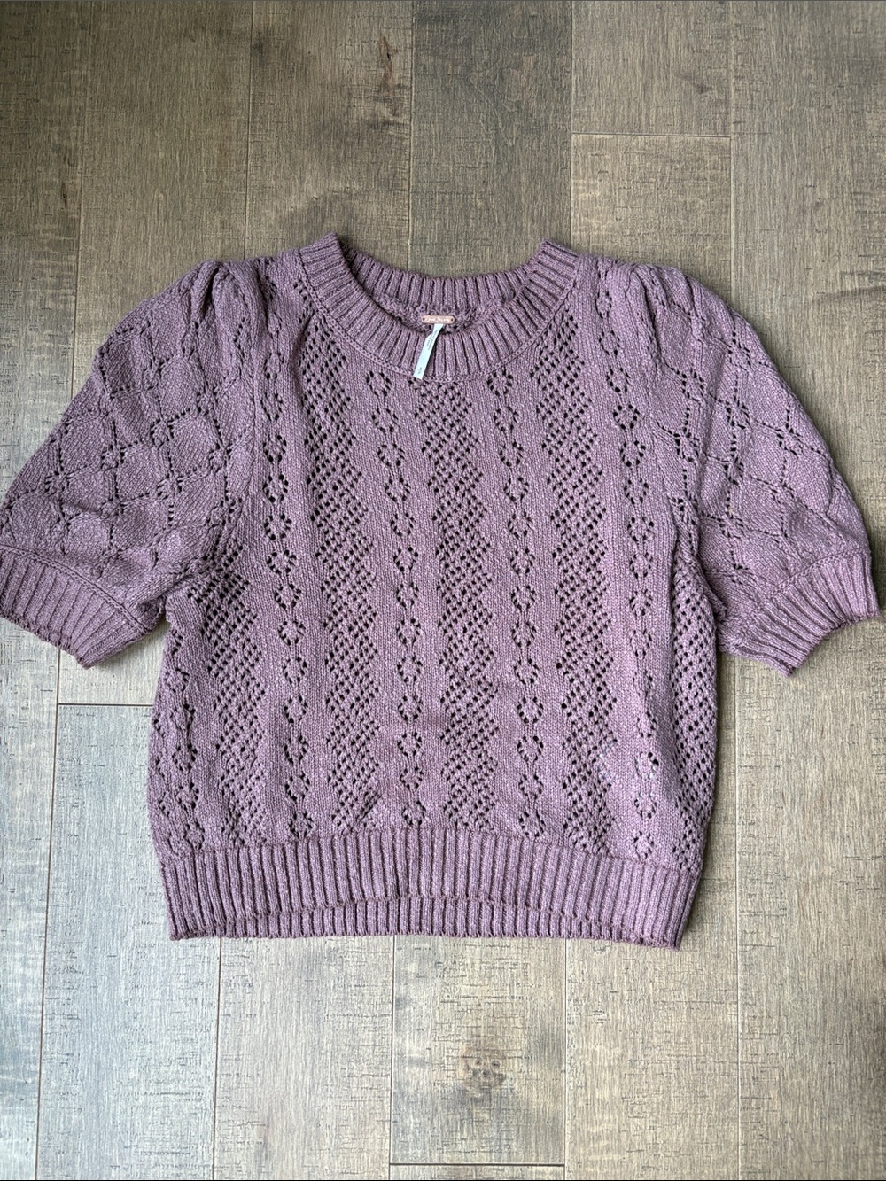 Free People Crochet Knit Short-Sleeve Crewneck Sweater - Mauve